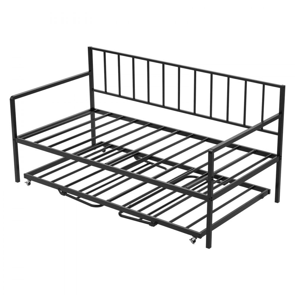 VEVOR Twin Size Daybed Frame, Height Adjustable Day Bed with Trundle, Heavy Duty Metal Platform Bed Frame with LED Light and Charging Station, Twin Daybed with Metal Slats for Living Room, Bedroom