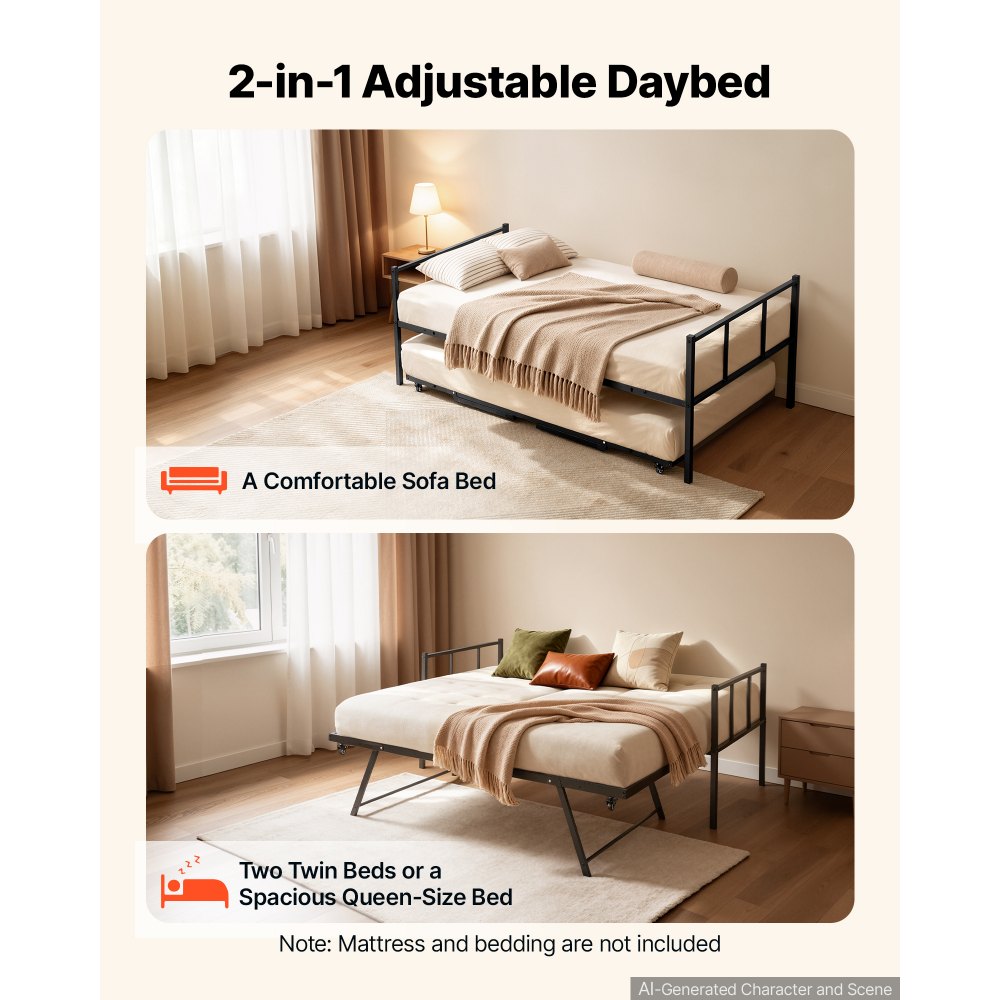 VEVOR Twin Daybed with Pop Up Trundle Metal Twin Daybed Frame Rectangular, for Living Room Bedroom Guest Room, Space Saving, Heavy-Duty Metal Sofa Bed Support, 2 Lockable Casters, Easy Assembly, Black