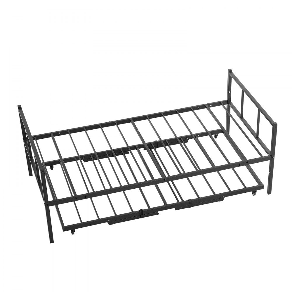 VEVOR Twin Daybed with Pop Up Trundle Metal Twin Daybed Frame Rectangular, for Living Room Bedroom Guest Room, Space Saving, Heavy-Duty Metal Sofa Bed Support, 2 Lockable Casters, Easy Assembly, Black