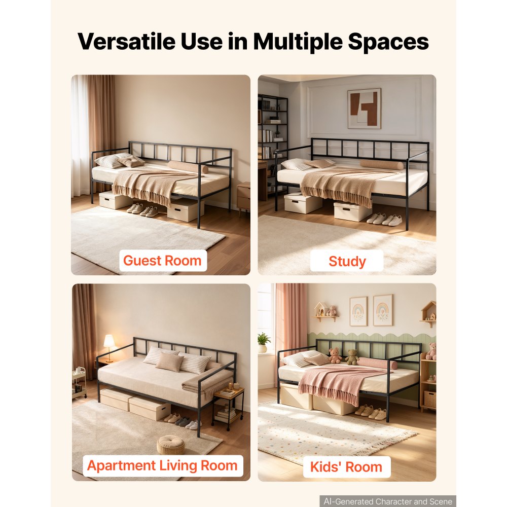 VEVOR Twin Daybed Metal Twin Size Day Bed Frame with Under-Bed Storage, for Living Room Bedroom Guest Room, Space Saving, Heavy-Duty Metal Sofa Bed Support, Easy Assembly, Without Trundle, Black