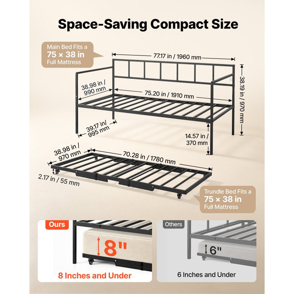 VEVOR Twin Daybed with Pop Up Trundle Metal Twin Day Bed Frame Pull Out, for Living Room Bedroom Guest Room, Space Saving, Heavy-Duty Metal Sofa Bed Support, Lockable Casters, Easy Assembly, Black