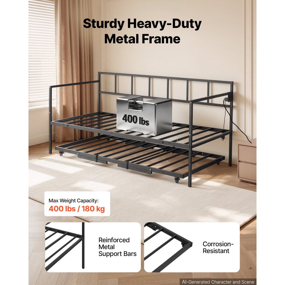 VEVOR Twin Daybed with Pop Up Trundle Metal Charging Station LED Light, for Living Room Bedroom Guest Room, Heavy Duty Twin Size Sofa Day Bed Frame, Height Adjustable, with Lockable Casters, Black