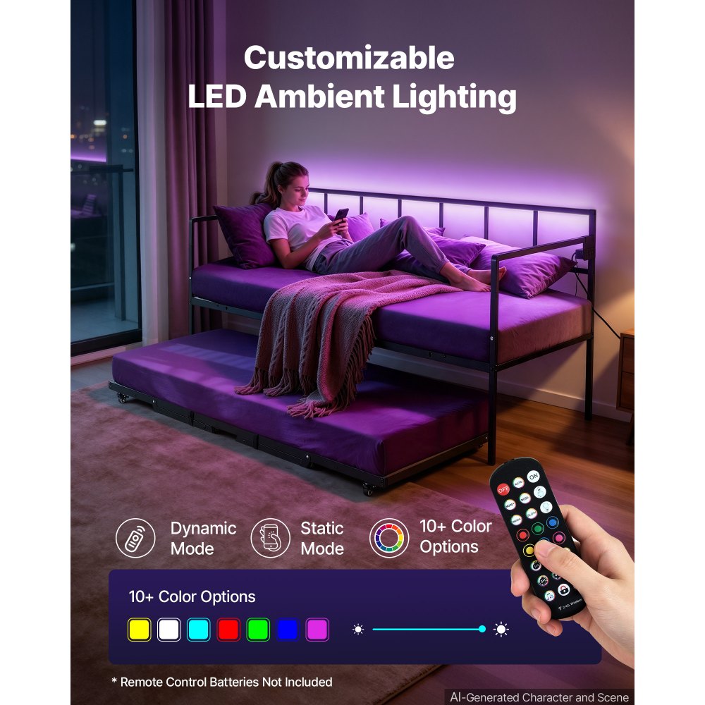 VEVOR Twin Daybed with Pop Up Trundle Metal Charging Station LED Light, for Living Room Bedroom Guest Room, Heavy Duty Twin Size Sofa Day Bed Frame, Height Adjustable, with Lockable Casters, Black
