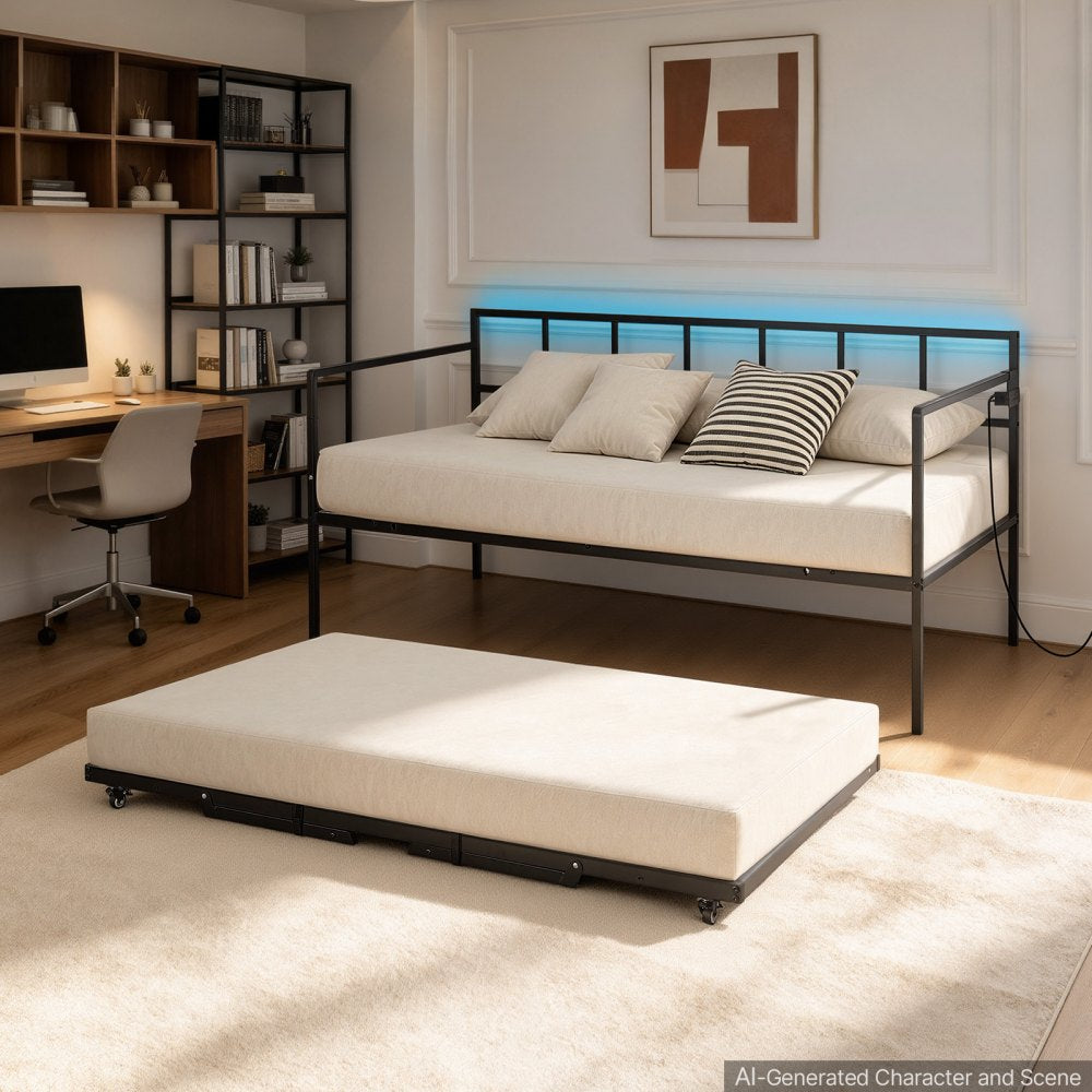 VEVOR Twin Daybed with Pop Up Trundle Metal Charging Station LED Light, for Living Room Bedroom Guest Room, Heavy Duty Twin Size Sofa Day Bed Frame, Height Adjustable, with Lockable Casters, Black