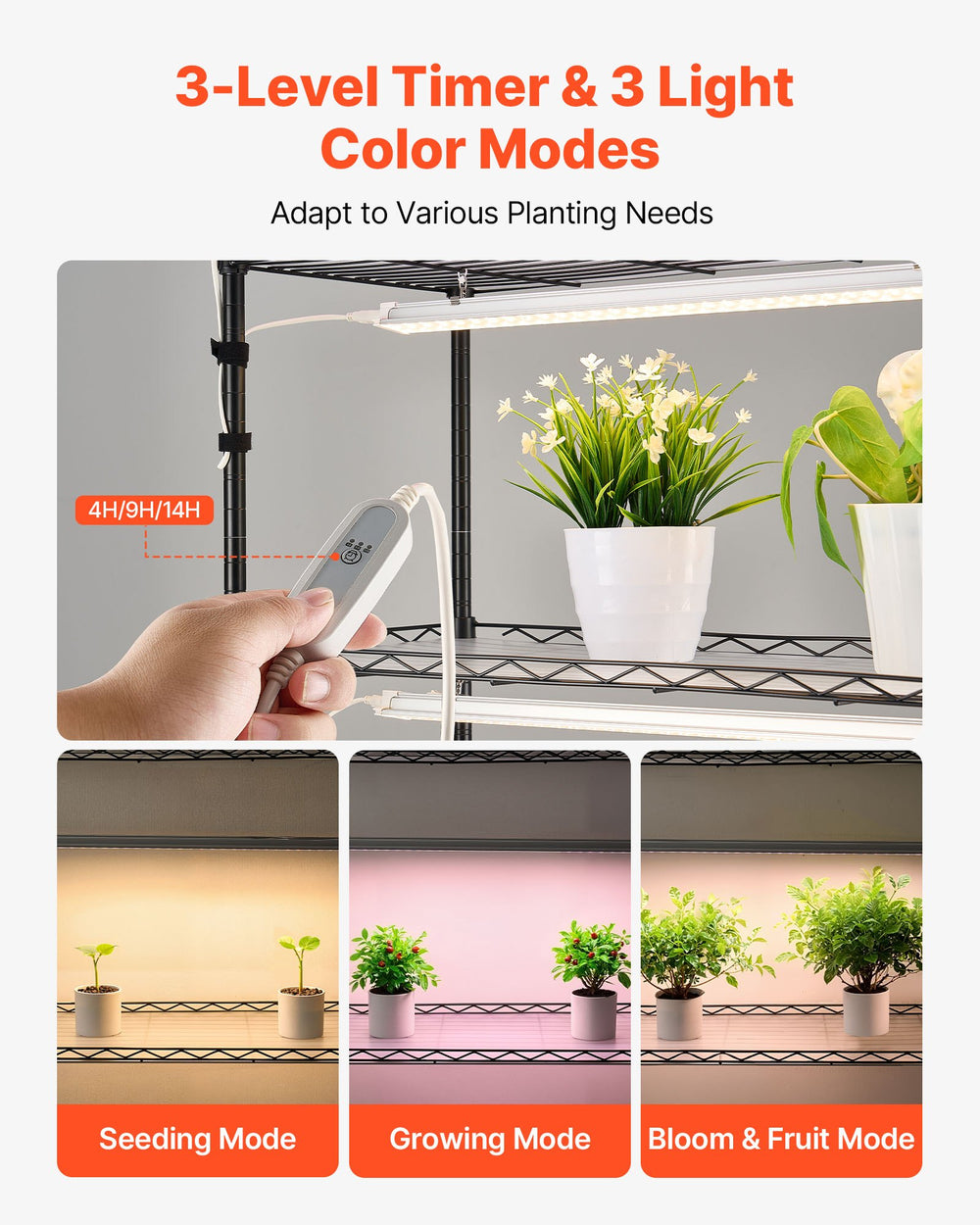 VEVOR Plant Shelf with Grow Light, 6-Tier Indoor Plant Stand, 71in Tall Plants Display Rack with Wheels & 4/9/14H Timer, 150W 3-Color Full Spectrum Grow Lights, Flower Pot Holder for Seed Starting