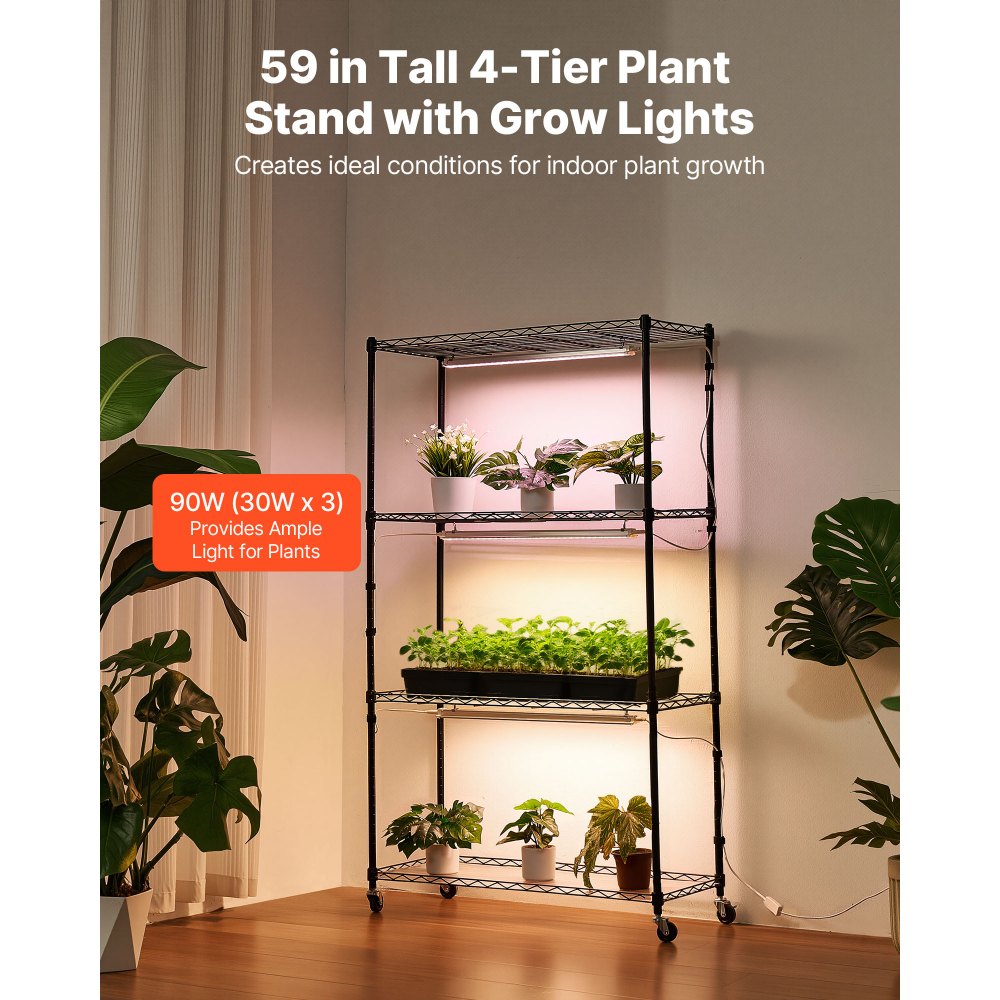 VEVOR Plant Shelf with Grow Light, 4-Tier Indoor Plant Stand, 59in Tall Plants Display Rack with Wheels, 90W 3-Color Full Spectrum Grow Lights, Heavy Duty Metal Flower Pot Holder for Seed Starting