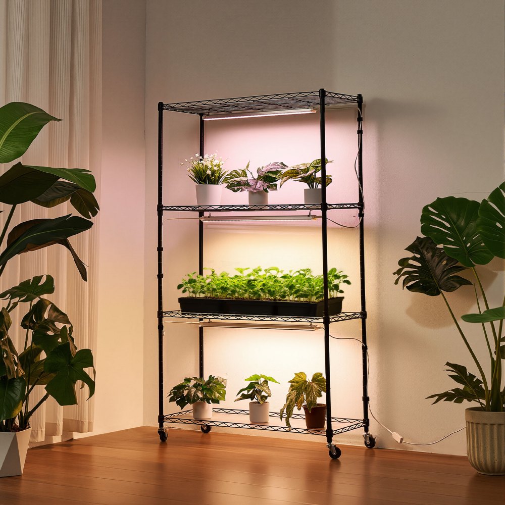 VEVOR Plant Shelf with Grow Light, 4-Tier Indoor Plant Stand, 59in Tall Plants Display Rack with Wheels, 90W 3-Color Full Spectrum Grow Lights, Heavy Duty Metal Flower Pot Holder for Seed Starting