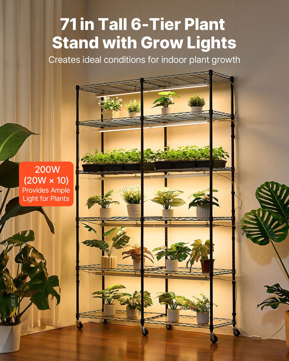VEVOR Plant Shelf with Grow Light, 6-Tier Double-Row Plant Stand, 71in Tall Indoor Plants Display Rack with Wheels & Timer, 200W Full Spectrum Grow Lights, Metal Flower Pot Holder for Seed Starting