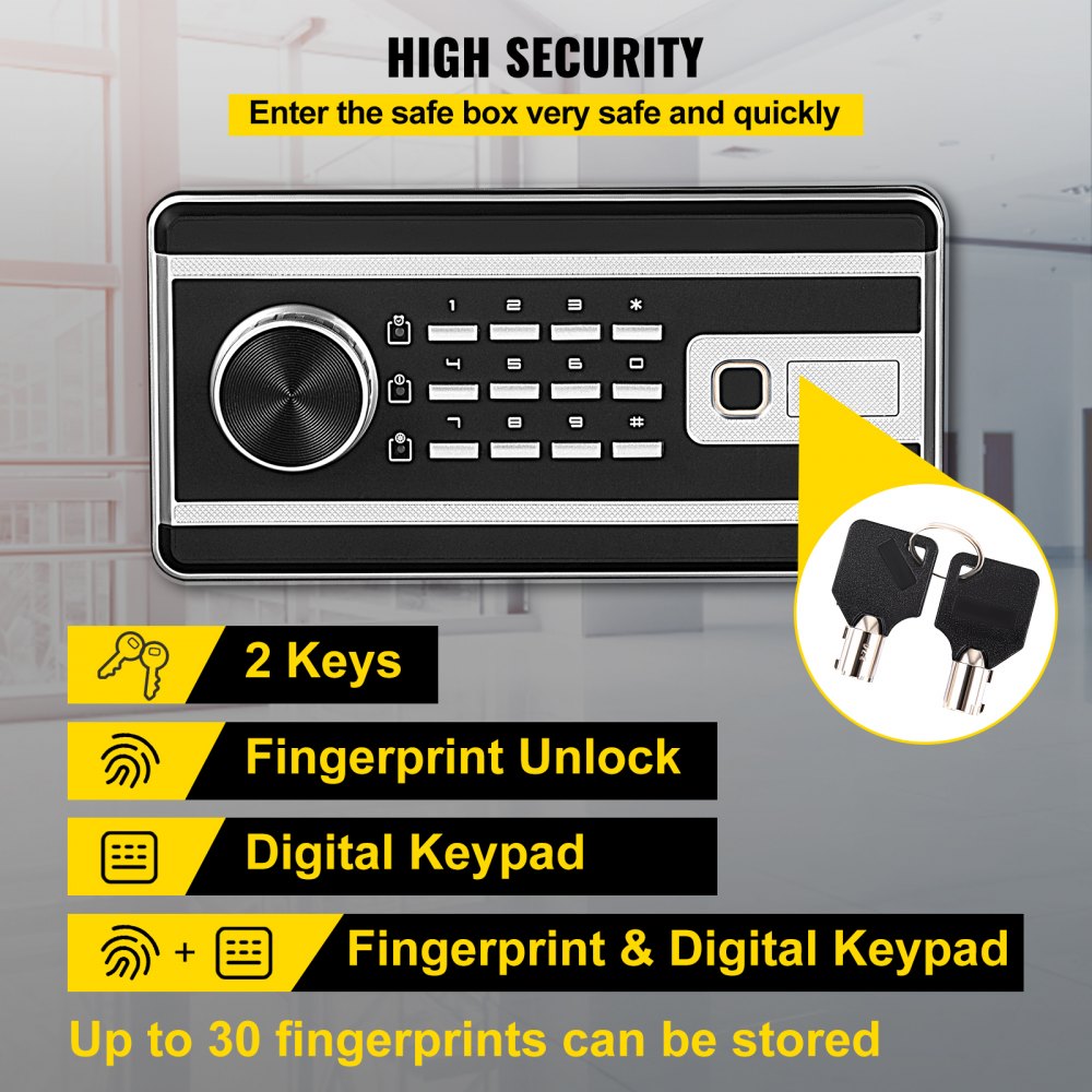 VEVOR Safe Box, 2.1 CU.FT Fingerprint Safe Box for Money with 2 Keys & Digital Keypad, Q235 Steel Safe Box for Storing Cash, Jewelry, Pistols, Documents, Watches in Home & Office & Hotel