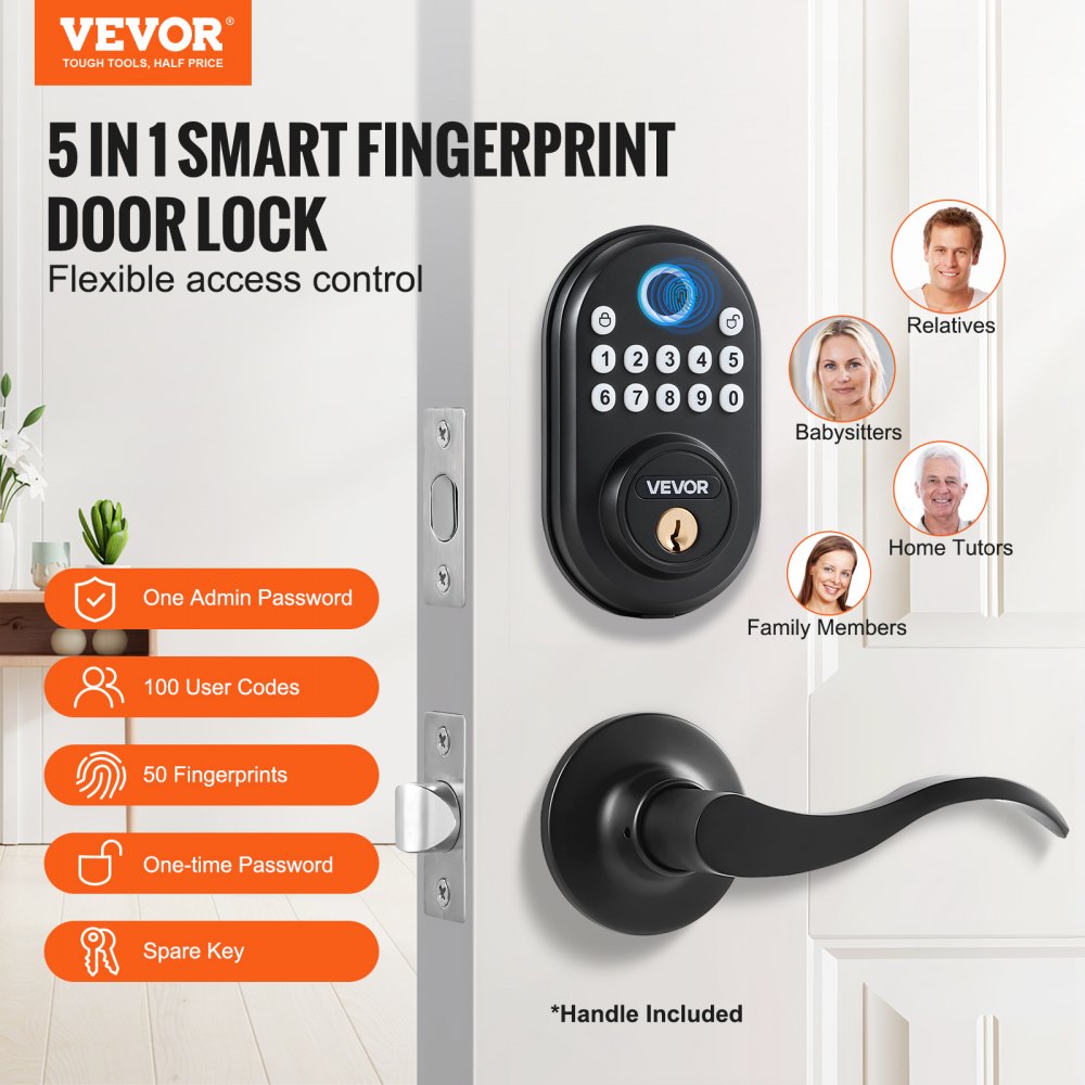 VEVOR Fingerprint Door Lock with Level Handles, Fingerprint/Keypad Code/Key, One-Time and Anti-Peeking Password, Constant Unlock Mode, Aluminum Alloy, Electronic Keypad Deadbolt for Entry Doors