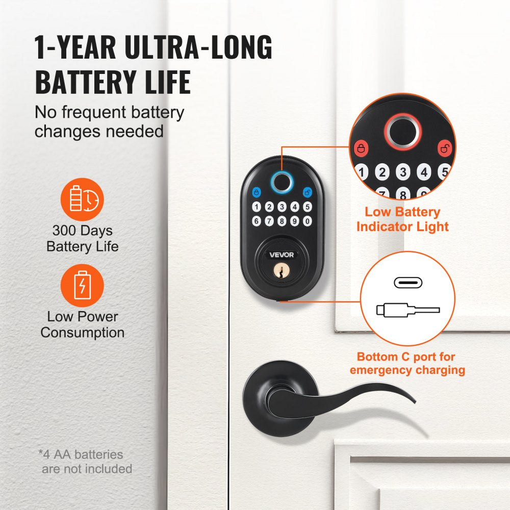 VEVOR Fingerprint Door Lock with Level Handles, Fingerprint/Keypad Code/Key, One-Time and Anti-Peeking Password, Constant Unlock Mode, Aluminum Alloy, Electronic Keypad Deadbolt for Entry Doors