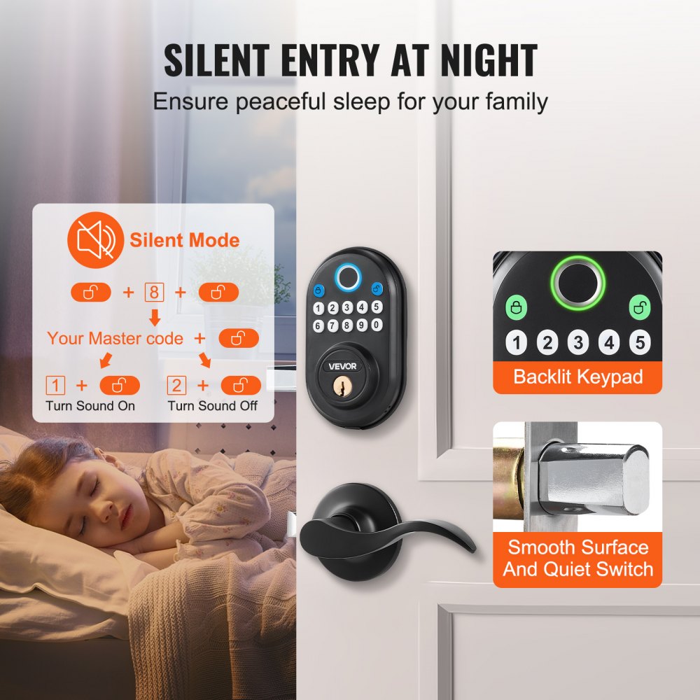 VEVOR Fingerprint Door Lock with Level Handles, Fingerprint/Keypad Code/Key, One-Time and Anti-Peeking Password, Constant Unlock Mode, Aluminum Alloy, Electronic Keypad Deadbolt for Entry Doors
