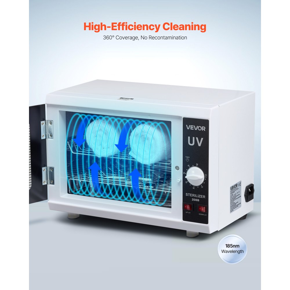 VEVOR Nail Tool Cleaning Machine, 12L Large Capacity, Knob Control, Tool Cabinet Cleaner Box with Timer Setting, Tempered Glass Door, 185nm Wavelength, for Labs, Home, Nail Salons, Beauty Salons