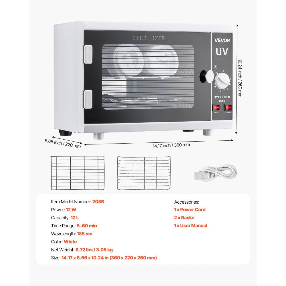 VEVOR Nail Tool Cleaning Machine, 12L Large Capacity, Knob Control, Tool Cabinet Cleaner Box with Timer Setting, Tempered Glass Door, 185nm Wavelength, for Labs, Home, Nail Salons, Beauty Salons