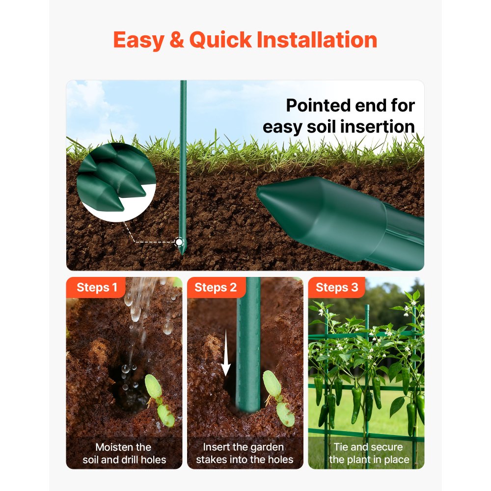VEVOR Garden Stakes, 50 Pack, 46.06 inch, Plastic Coated Metal Tomato Stakes, Garden Sticks for Plants Support, with Pointed End and Non-Slip Bumps for Growing Climbing Plants, Outdoor Vegetables