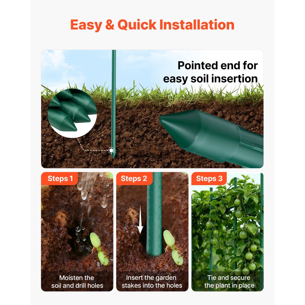VEVOR Garden Stakes, 25 Pack, 82.68 inch, Plastic Coated Metal Tomato Stakes, Garden Sticks for Plants Support, with Pointed End and Non-Slip Bumps for Growing Climbing Plants, Outdoor Vegetables