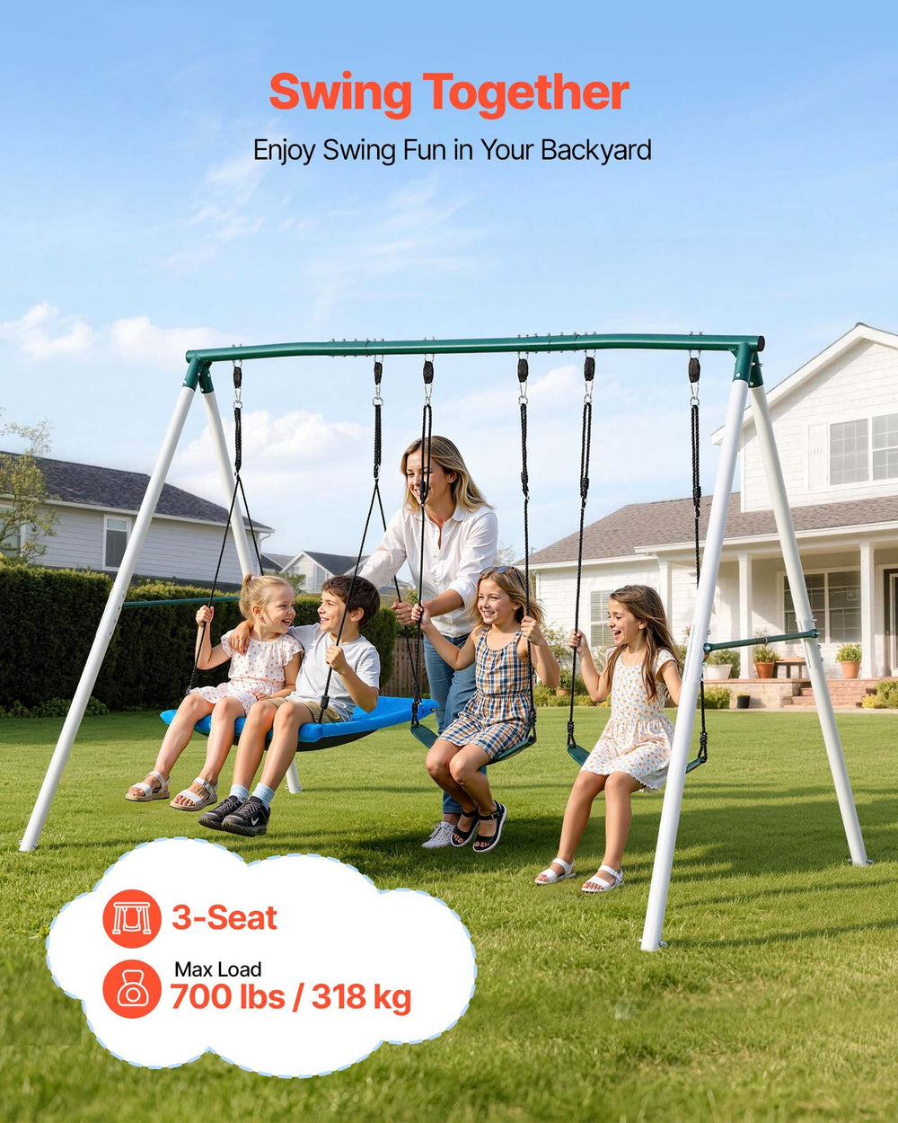 VEVOR swing set in backyard lifestyle image (3-seat, 700 lbs max load)