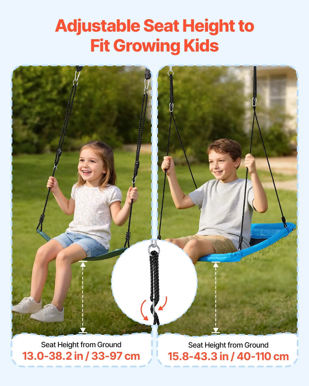 Adjustable seat height range (belt and platform swings)