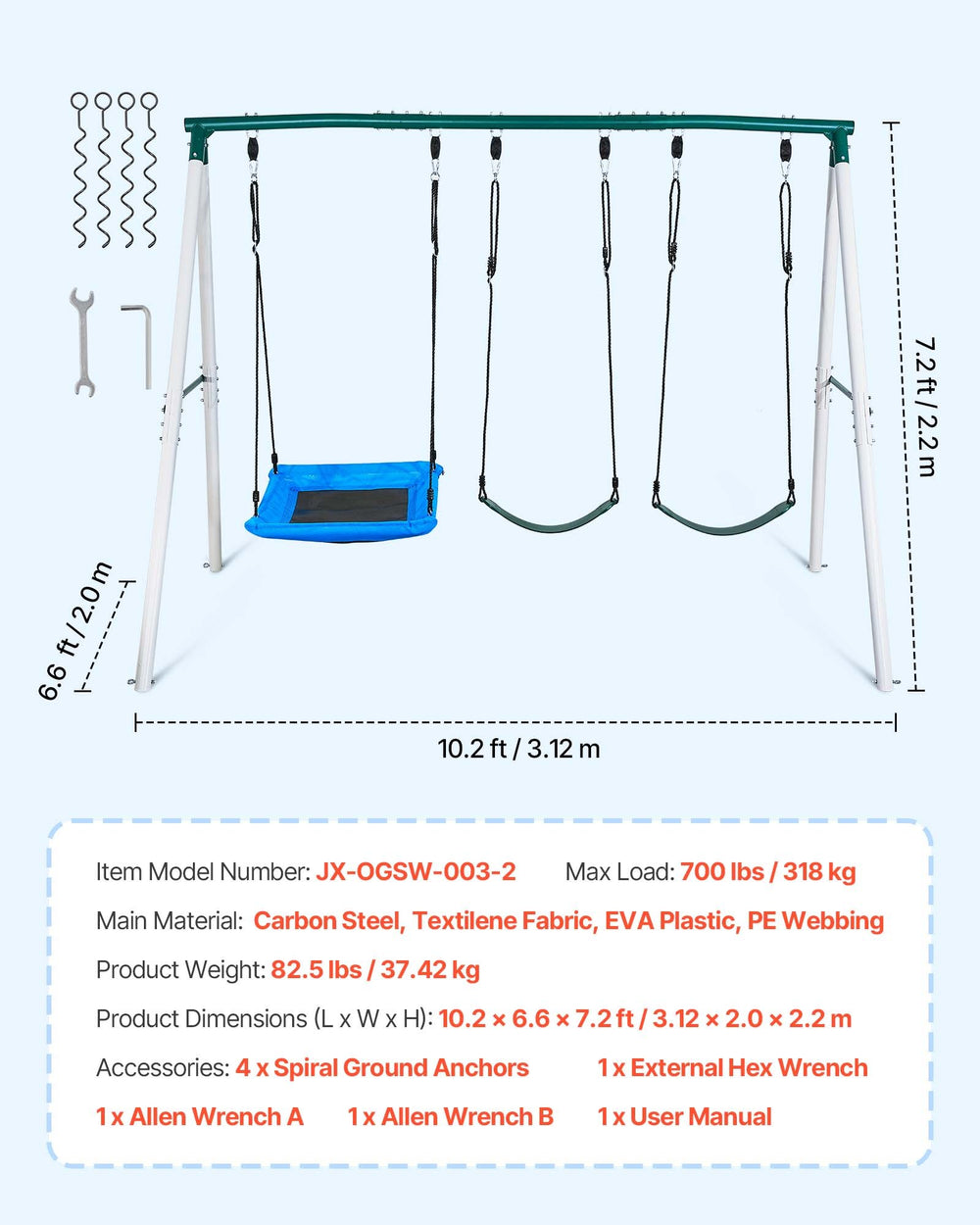 Dimensions diagram and key specs summary (10.2 x 6.6 x 7.2 ft)