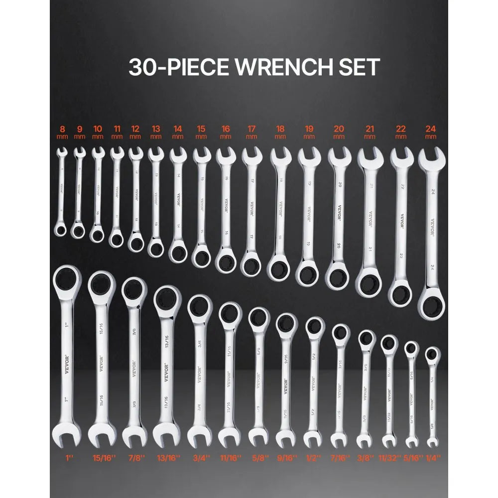 VEVOR Combination Wrench Set, 30-Piece Ratcheting Wrench Set with Organizer Rack, Cr-V Steel Wrench Set SAE 1/4" to 1", Metric 8 mm to 24 mm, Ideal for General Household, Garage, Workshop, Emergency