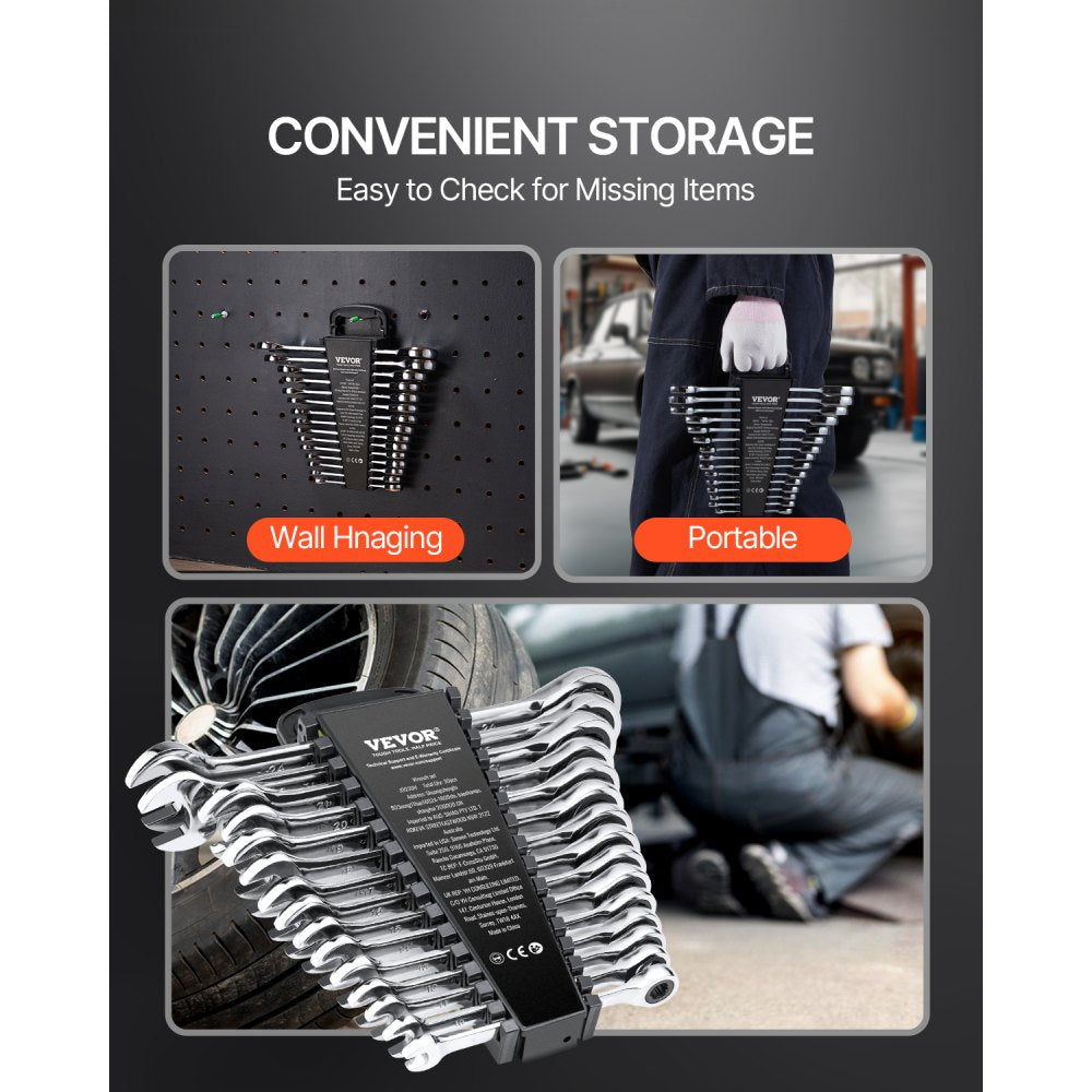 VEVOR Combination Wrench Set, 30-Piece Ratcheting Wrench Set with Organizer Rack, Cr-V Steel Wrench Set SAE 1/4" to 1", Metric 8 mm to 24 mm, Ideal for General Household, Garage, Workshop, Emergency
