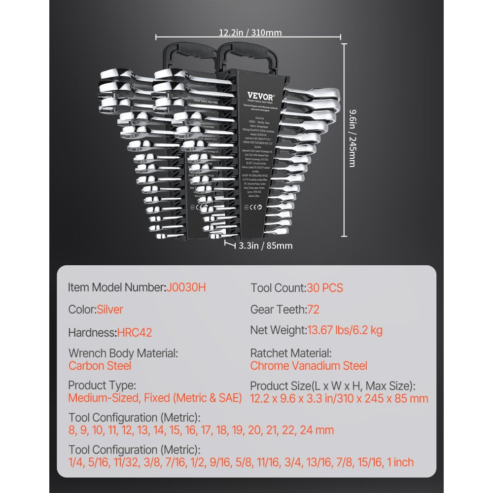 VEVOR Combination Wrench Set, 30-Piece Ratcheting Wrench Set with Organizer Rack, Cr-V Steel Wrench Set SAE 1/4" to 1", Metric 8 mm to 24 mm, Ideal for General Household, Garage, Workshop, Emergency