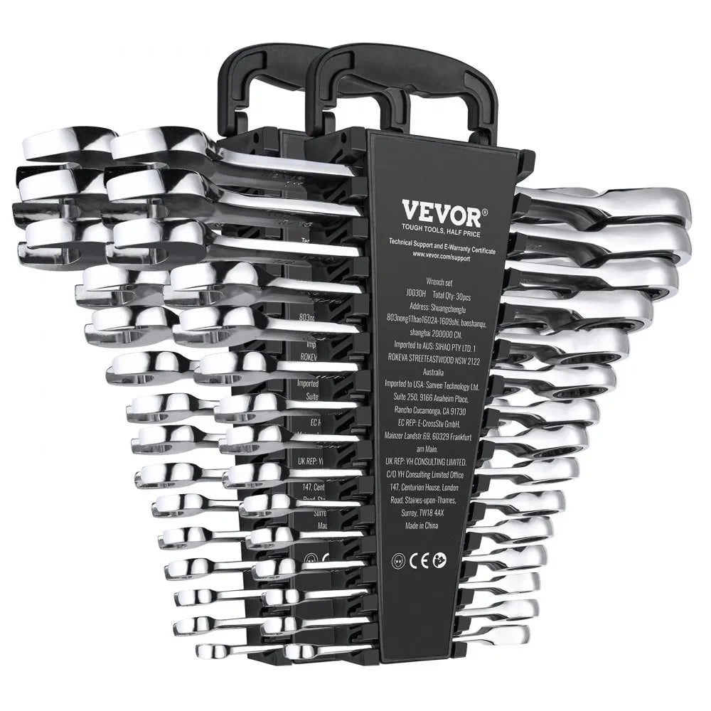 VEVOR Combination Wrench Set, 30-Piece Ratcheting Wrench Set with Organizer Rack, Cr-V Steel Wrench Set SAE 1/4" to 1", Metric 8 mm to 24 mm, Ideal for General Household, Garage, Workshop, Emergency