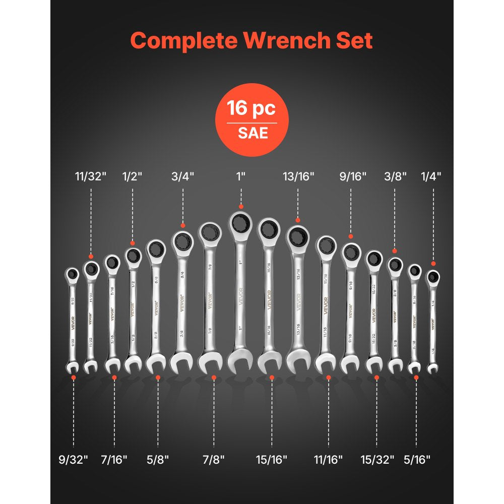 VEVOR Combination Wrench Set, 16-Piece SAE Sizes, 72 Teeth, Cr-V Steel Ratcheting Wrench Set, with Roll Up Pouch, Open End, Clear Size Labels, for General Household and Automotive Repairs, Silver