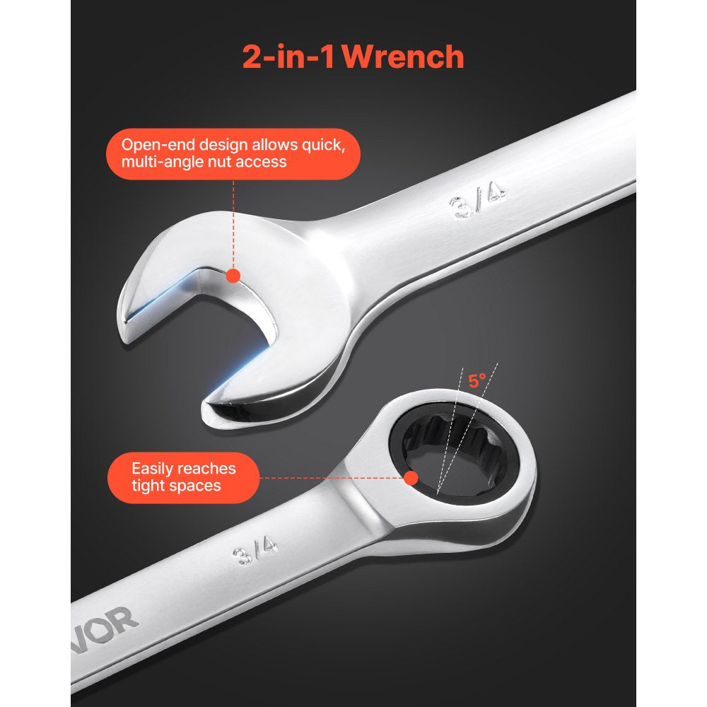 VEVOR Combination Wrench Set, 16-Piece SAE Sizes, 72 Teeth, Cr-V Steel Ratcheting Wrench Set, with Roll Up Pouch, Open End, Clear Size Labels, for General Household and Automotive Repairs, Silver