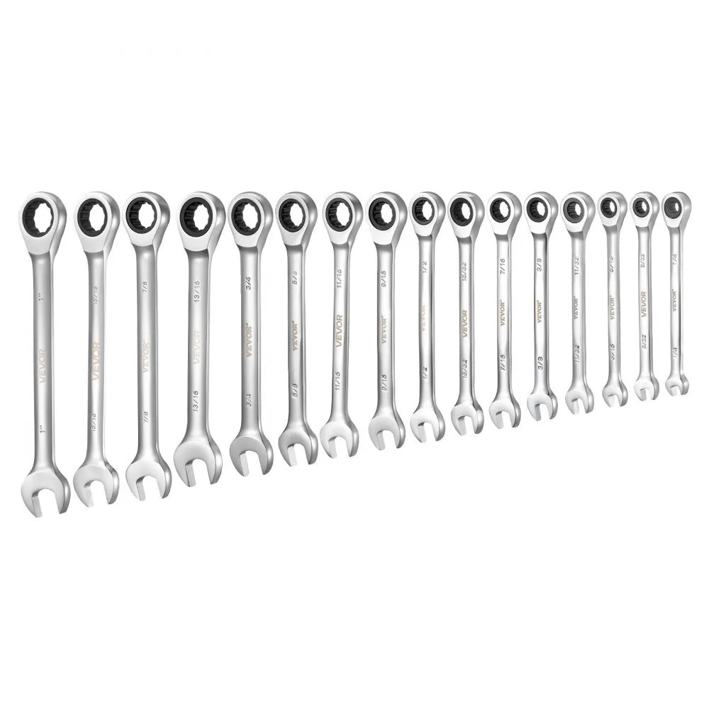 VEVOR Combination Wrench Set, 16-Piece SAE Sizes, 72 Teeth, Cr-V Steel Ratcheting Wrench Set, with Roll Up Pouch, Open End, Clear Size Labels, for General Household and Automotive Repairs, Silver
