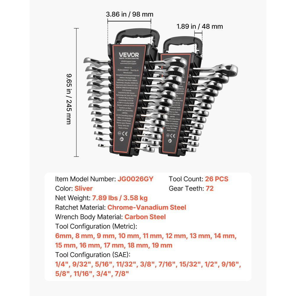 VEVOR Combination Wrench Set, 26-Piece SAE and Metric, 72 Teeth, Cr-V Steel Ratcheting Wrench Set, with Rack Organizer, Open End, Clear Size Labels, for General Household, Automotive Repairs, Silver