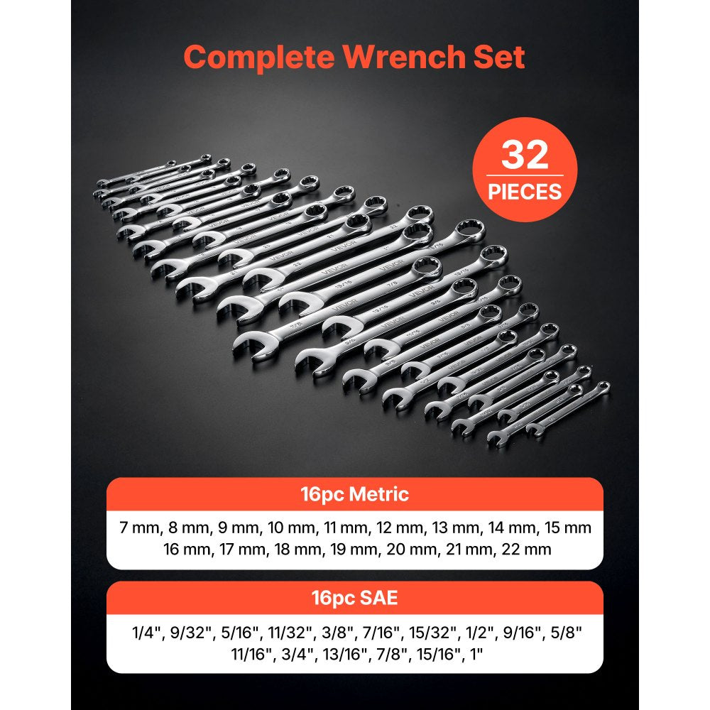 VEVOR Combination Wrench Set, 32-Piece SAE and Metric, 12-Point Box End and 15° Angled Open End Combination Wrenches with Roll Up Pouch, Carbon Steel, for General Household and Automotive Repairs