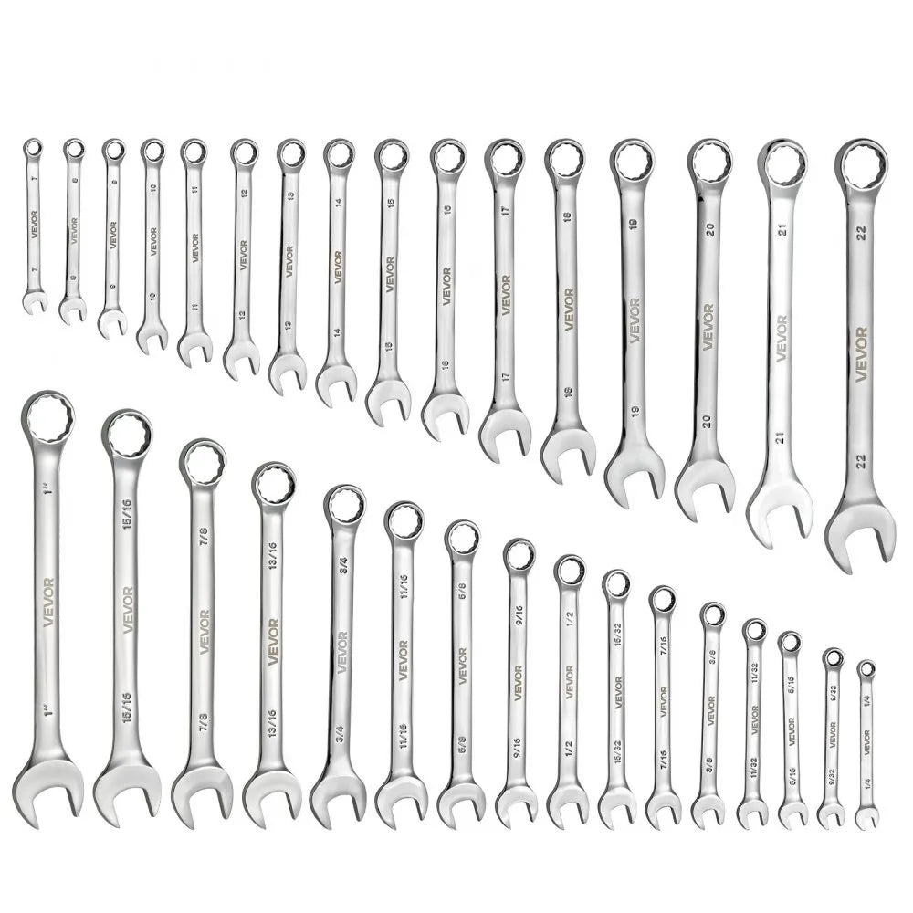 VEVOR Combination Wrench Set, 32-Piece SAE and Metric, 12-Point Box End and 15° Angled Open End Combination Wrenches with Roll Up Pouch, Carbon Steel, for General Household and Automotive Repairs