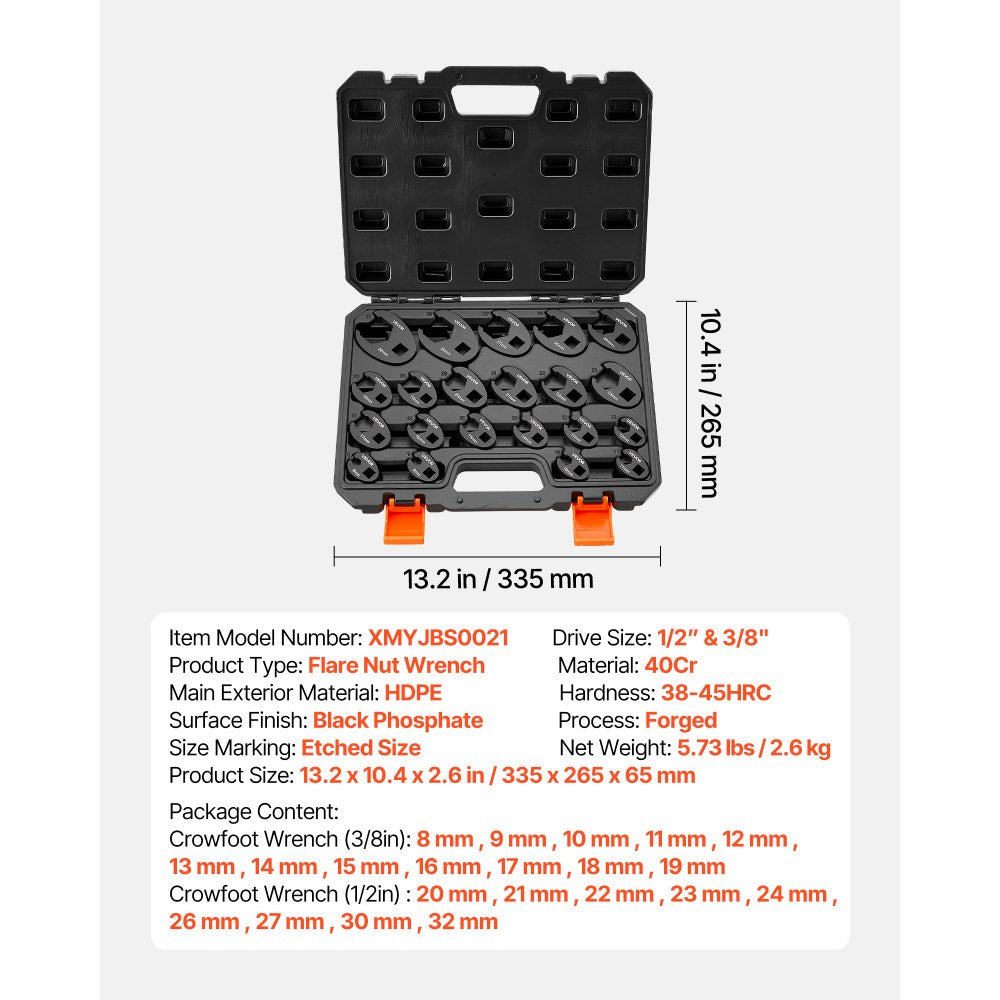 VEVOR Crowfoot Wrench Set, 1/2" and 3/8" Drive, 21-Piece Metric Dual-Drive Flare Nut Crows Foot Wrenches, with Storage Case, Dual Size Markings on Tools and Case, for Maintenance