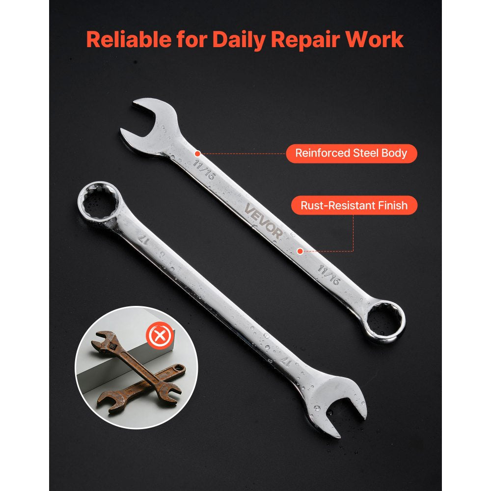 VEVOR Combination Wrench Set, 44-Piece SAE and Metric, 12-Point Box End and 15° Angled Open End Combination Wrenches with Roll Up Pouch, Carbon Steel, for General Household and Automotive Repairs