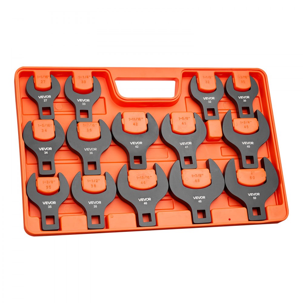 VEVOR Crowfoot Wrench Set, 1/2" Drive, 14-Piece Metric 27 to 50 mm Crows Foot Wrenches, with Storage Tray, Dual Size Markings on Tools and Tray, for Auto Maintenance or Repairs