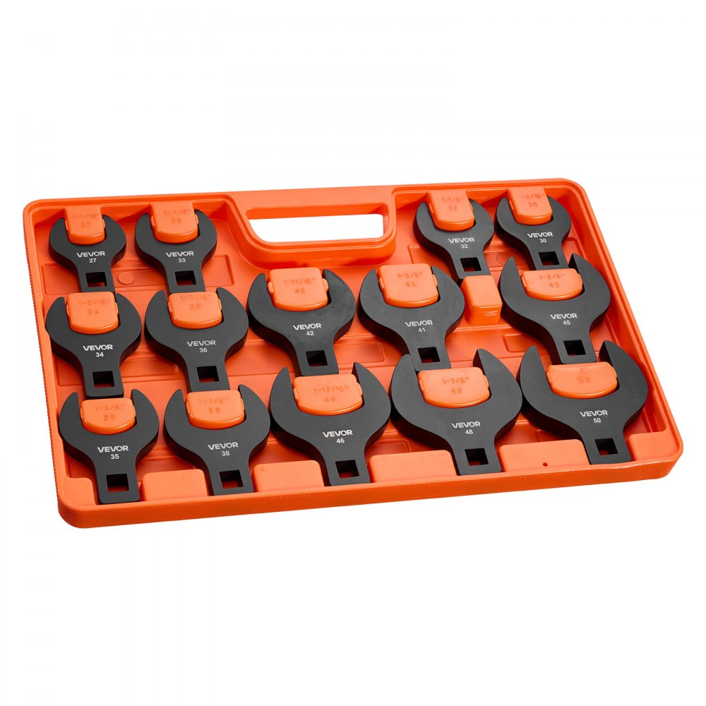 VEVOR Crowfoot Wrench Set, 1/2" Drive, 14-Piece Metric 27 to 50 mm Crows Foot Wrenches, with Storage Tray, Dual Size Markings on Tools and Tray, for Auto Maintenance or Repairs