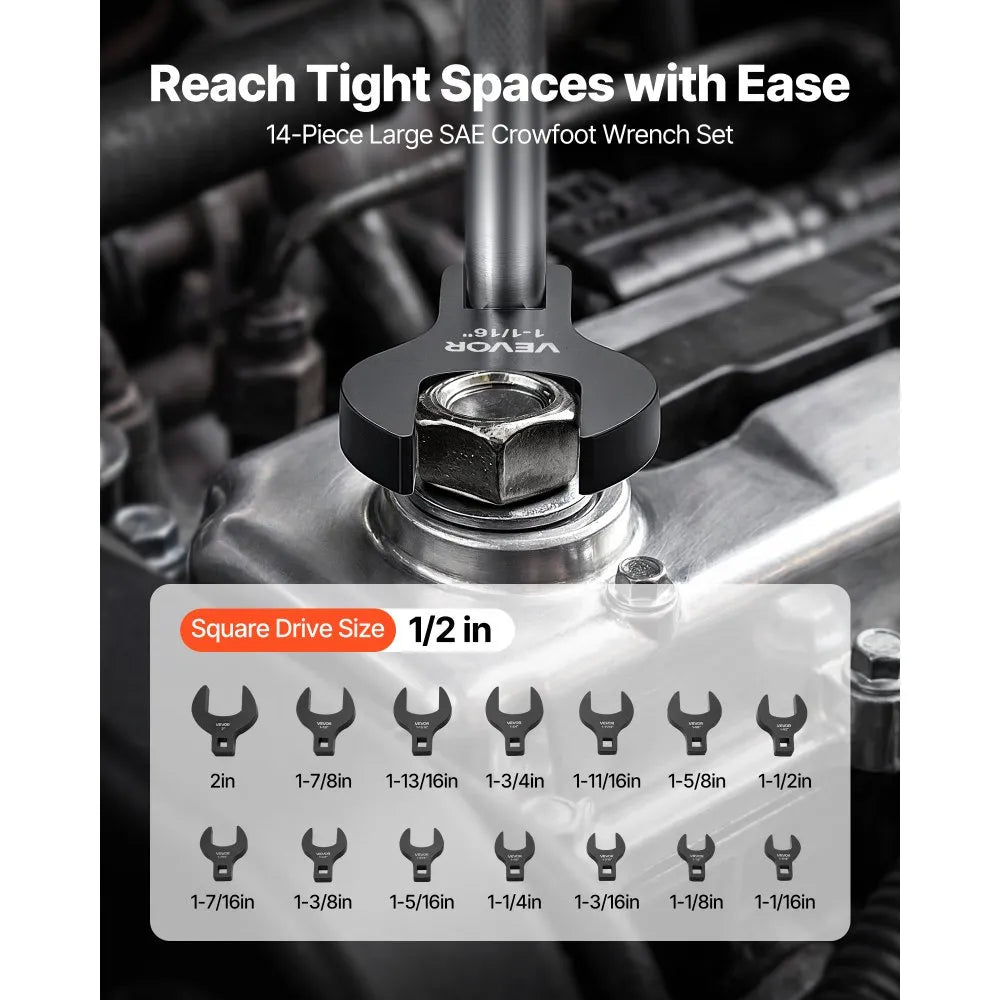 VEVOR Crowfoot Wrench Set, 1/2" Drive, 14-Piece SAE 1-1/16" to 2" Crows Foot Wrenches, with Storage Tray, Dual Size Markings on Tools and Tray, for Auto Maintenance or Repairs