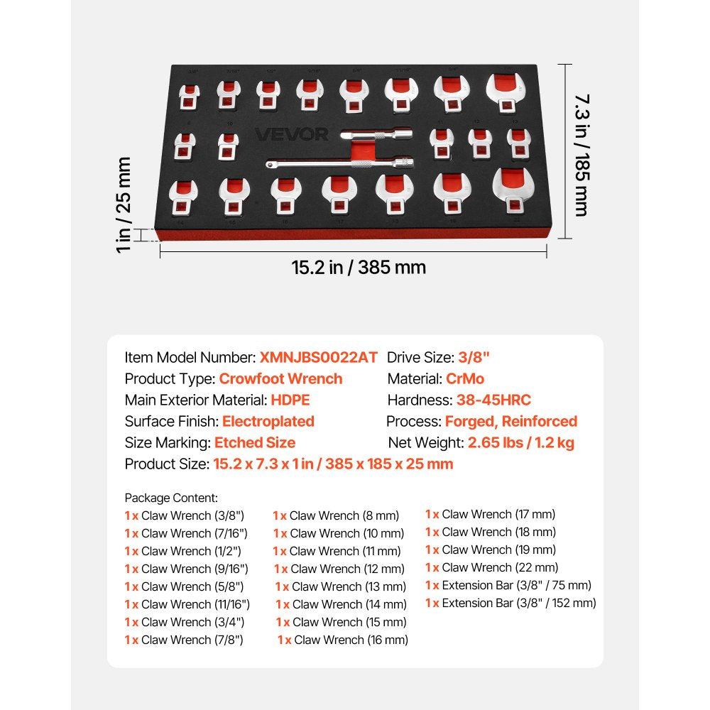 VEVOR Crowfoot Wrench Set, 3/8" Drive, 22-Piece Metric and SAE Size Crows Foot Wrenches, Cr-Mo Alloy Steel, with Storage Tray, Dual Size Markings on Tools and Tray, for Auto Maintenance or Repairs