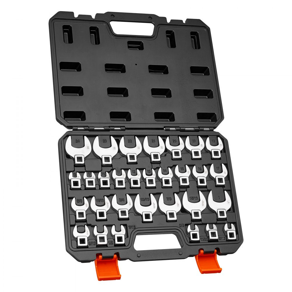 VEVOR Crowfoot Wrench Set, 3/8" Drive, 30-Piece Metric and SAE Size Crows Foot Wrenches, Cr-Mo Alloy Steel, with Storage Case, Dual Size Markings on Tools and Case, for Auto Maintenance or Repairs