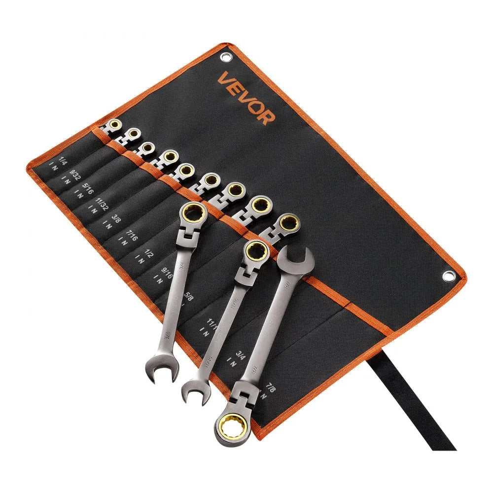 VEVOR Flex-Head Ratcheting Wrench Set, 12-Piece SAE Sizes, 72 Teeth, Cr-V Steel Ratchet Flexible Combination Wrench Set with Roll Up Pouch, for General Household and Automotive Repairs, Gray Nickel