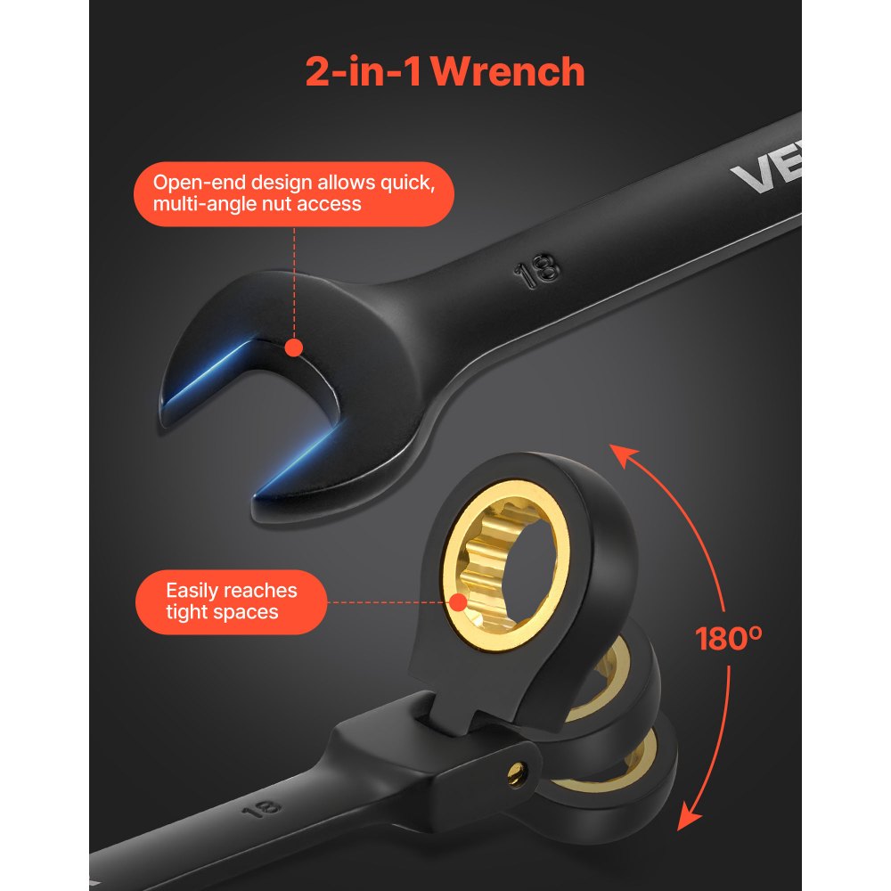 VEVOR Flex-Head Ratcheting Wrench Set, 24-Piece SAE and Metric, 72 Teeth, Cr-V Steel Ratchet Flexible Combination Wrench Set with Storage Case, for General Household and Automotive Repairs, Black