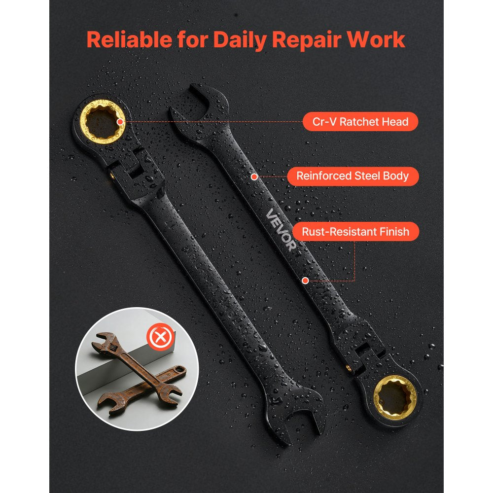 VEVOR Flex-Head Ratcheting Wrench Set, 24-Piece SAE and Metric, 72 Teeth, Cr-V Steel Ratchet Flexible Combination Wrench Set with Storage Case, for General Household and Automotive Repairs, Black