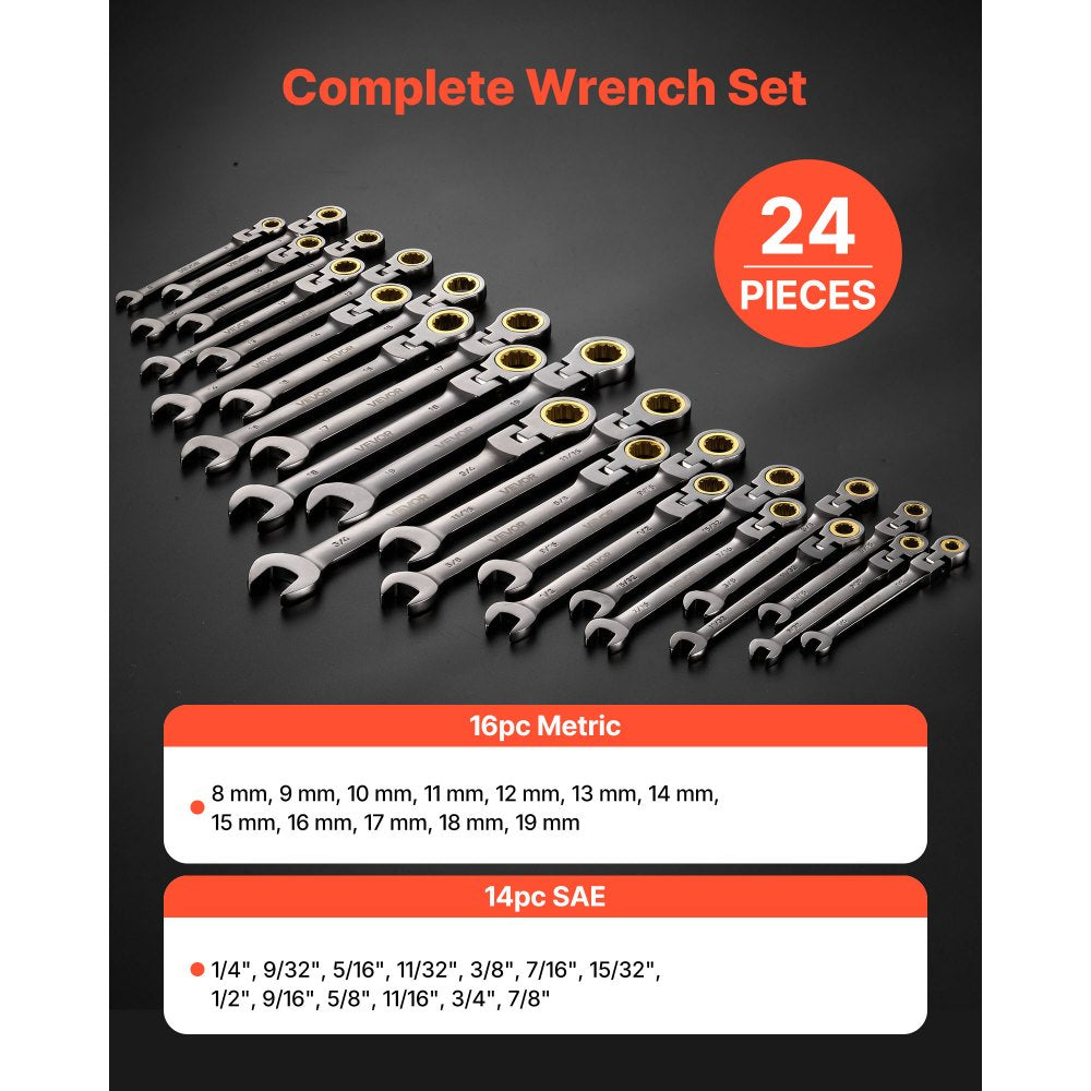 VEVOR Flex-Head Ratcheting Wrench Set, 24-Piece SAE and Metric, 72 Teeth, Cr-V Steel Ratchet Flexible Combination Wrench Set with Storage Case, for General Household, Automotive Repairs, Gray Nickel