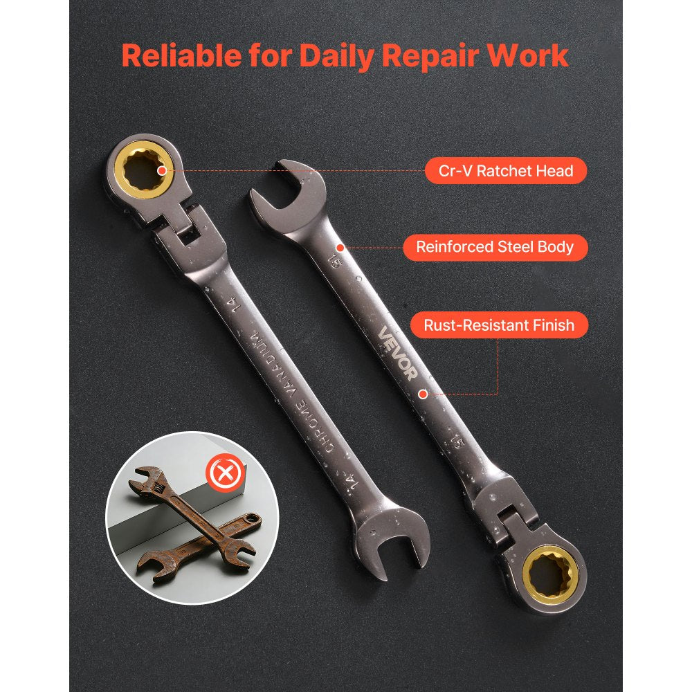 VEVOR Flex-Head Ratcheting Wrench Set, 24-Piece SAE and Metric, 72 Teeth, Cr-V Steel Ratchet Flexible Combination Wrench Set with Storage Case, for General Household, Automotive Repairs, Gray Nickel