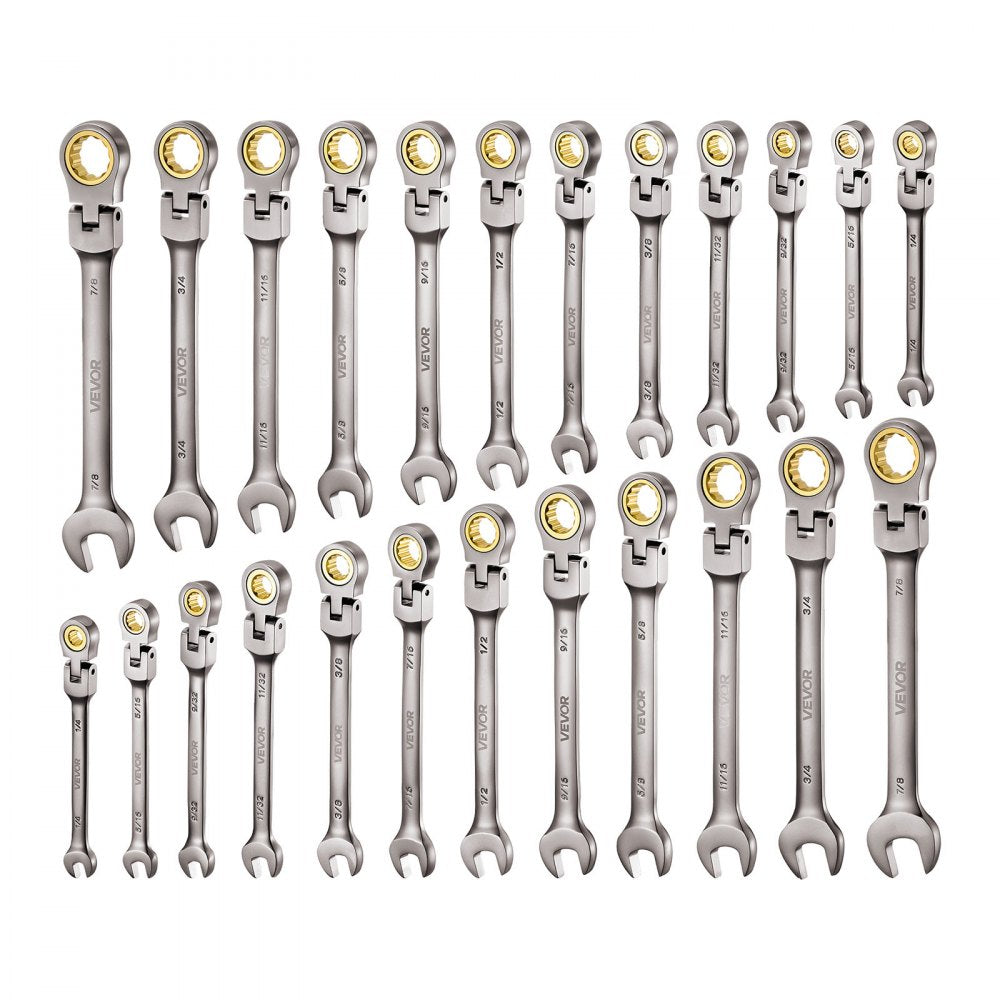 VEVOR Flex-Head Ratcheting Wrench Set, 24-Piece SAE and Metric, 72 Teeth, Cr-V Steel Ratchet Flexible Combination Wrench Set with Storage Case, for General Household, Automotive Repairs, Gray Nickel