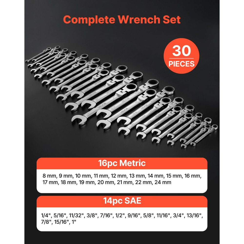 VEVOR Flex-Head Ratcheting Wrench Set, 30-Piece SAE and Metric, 72 Teeth, Cr-V Steel Ratchet Flexible Combination Wrench Set with Roll Up Pouch, for General Household and Automotive Repairs, Silver