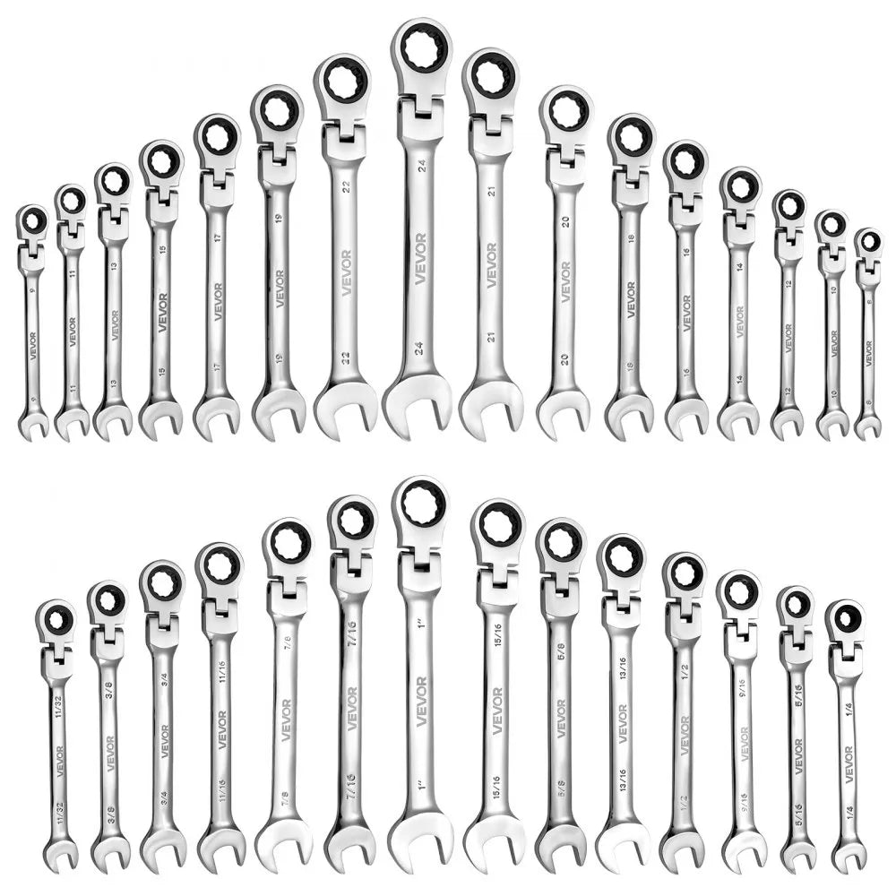 VEVOR Flex-Head Ratcheting Wrench Set, 30-Piece SAE and Metric, 72 Teeth, Cr-V Steel Ratchet Flexible Combination Wrench Set with Roll Up Pouch, for General Household and Automotive Repairs, Silver