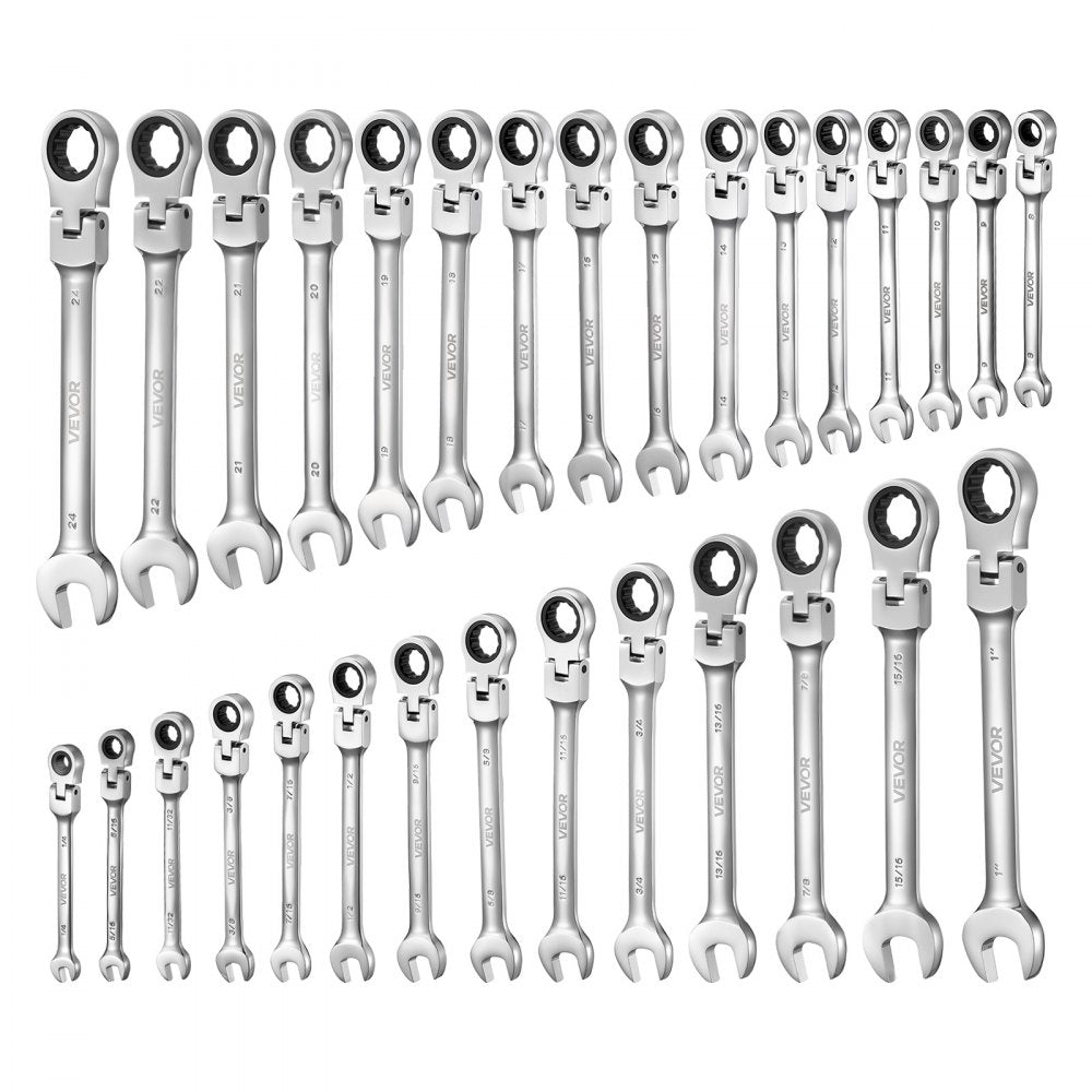 VEVOR Flex-Head Ratcheting Wrench Set, 30-Piece SAE and Metric, 72 Teeth, Cr-V Steel Ratchet Flexible Combination Wrench Set with Roll Up Pouch, for General Household and Automotive Repairs, Silver