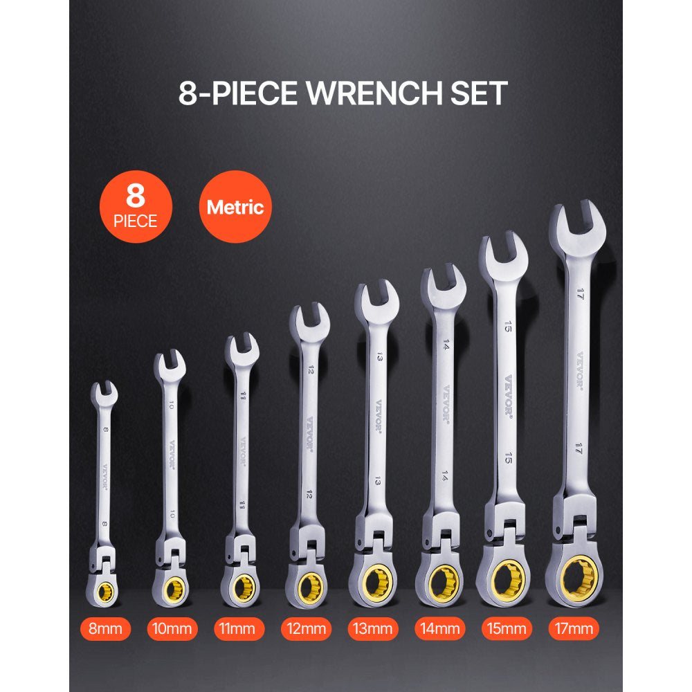 VEVOR Flex-Head Ratcheting Wrench Set, 8-piece Combination Wrench Set with Roll-up Pouch, Cr-V Steel Flexible Ratcheting Wrench Set Metric 8 mm to 17 mm, Ideal for General Household, Auto Repairs